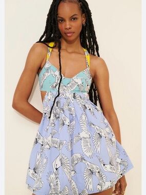 Anthropologie Maeve Yellow Blue & Teal Bird-Print Sundress Size 8, Cutouts, Mini